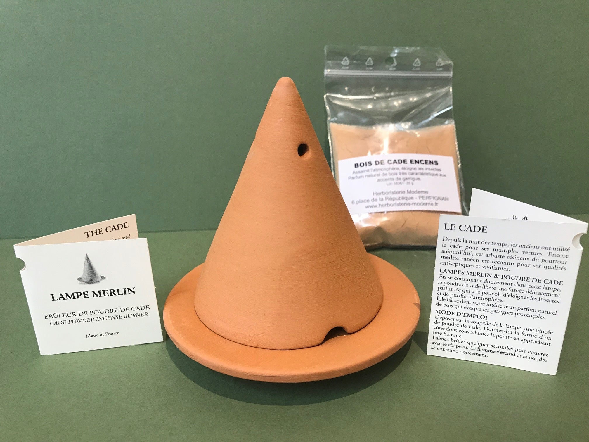 Duo Diffuseur Brûleur Lampe Merlin en céramique Terracota pour poudre d'encens naturel + un sachet de poudre de bois de cade