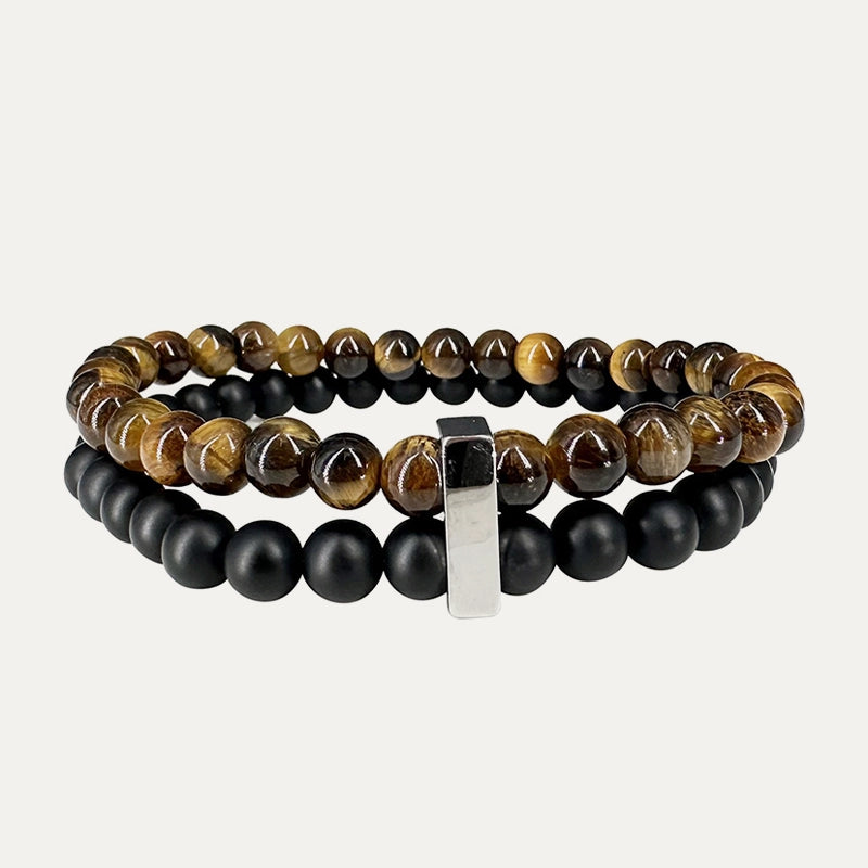 Bracelet 2 rangs Onyx dépoli, Oeil de tigre et Acier